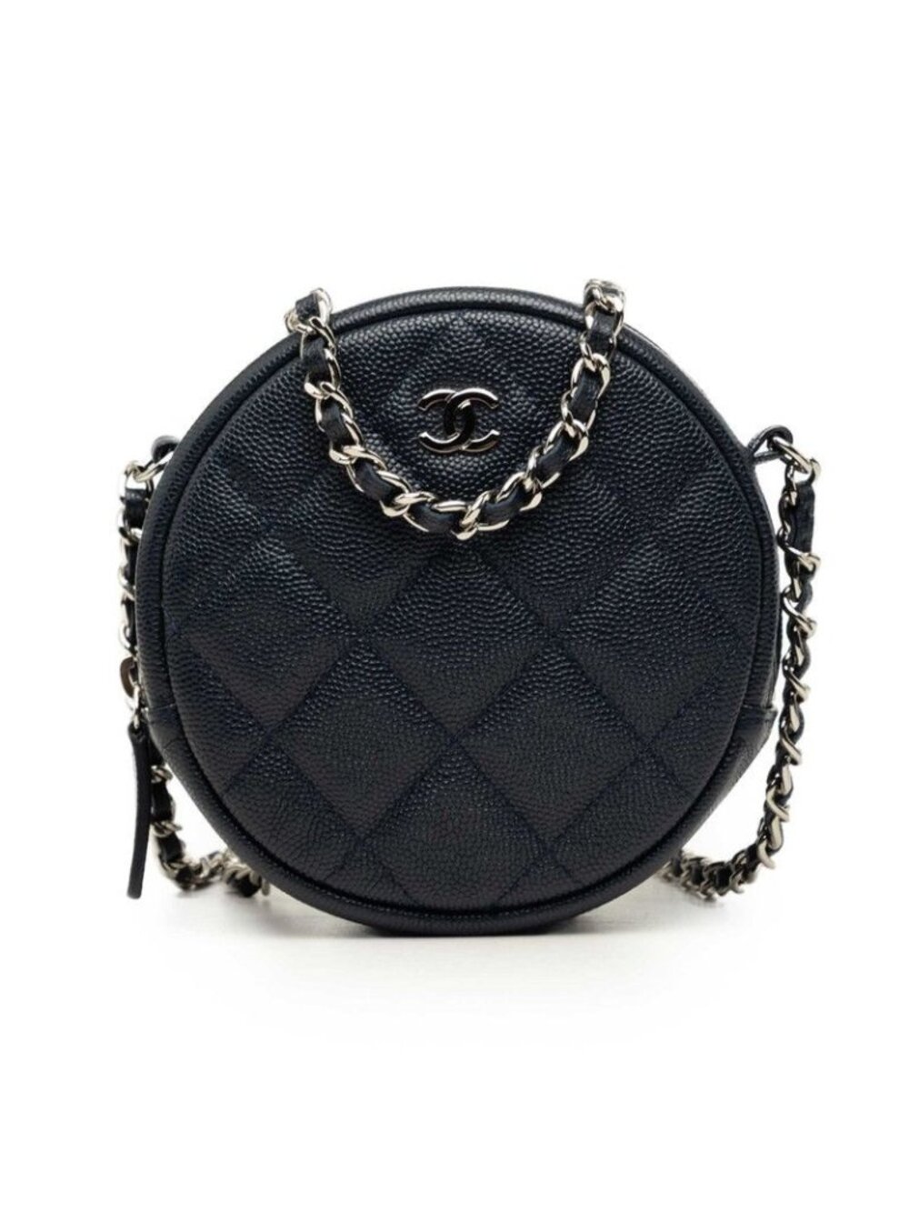 Chanel CC Logo Quilted Crossbody Round Chain Shoulder Bag Dark Navy Silver